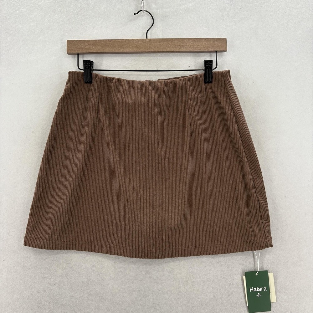 Halara AuraCord Cloud Mini Skirt Womens M Brown Corduroy A Line Zip Back Stretch